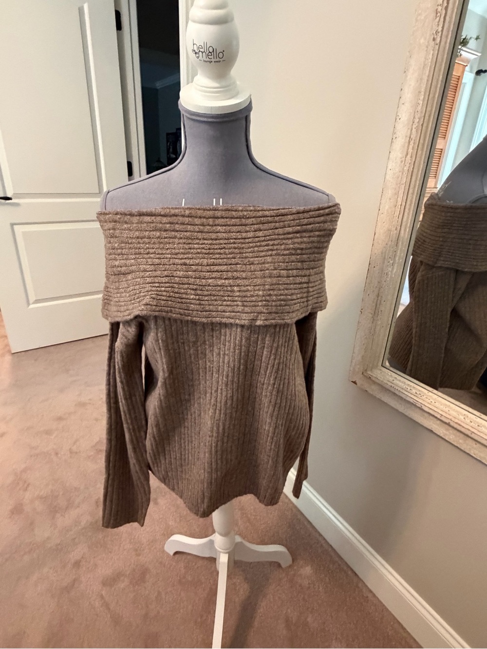 Heartloom Off-the-Shoulder Ribbed Sweater in Taupe